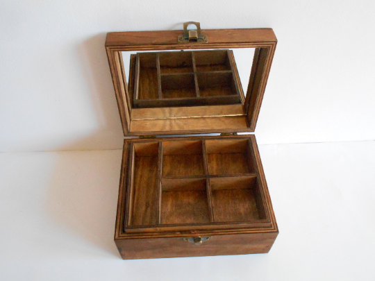 Wooden jewelry box with a mirror inside- 9 compartments on 2 levels- makeup keepsake box- make up or jewelry box- trinket or crystals bo