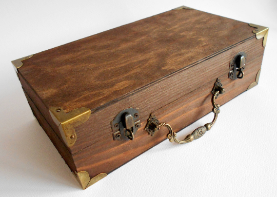Wooden Trunk chest box- jewelry chest box- 10.1'' X 6.6'' x 2.4'' mahagony-color wooden box with bronze-color hinges and corners- pine storage case- keepsake