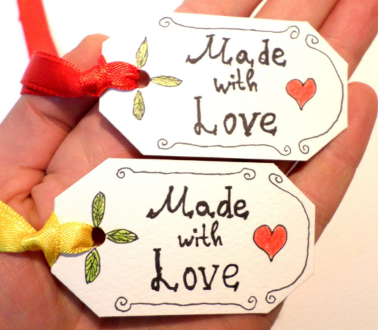 Gift tag set of 10, &#39;Made with Love&#39; set of ten handmade, hand-drawn gift tags with red, yellow, blue, green, or orange satin ribbons