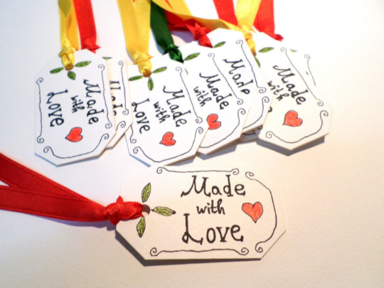 Gift tag set of 10, &#39;Made with Love&#39; set of ten handmade, hand-drawn gift tags with red, yellow, blue, green, or orange satin ribbons