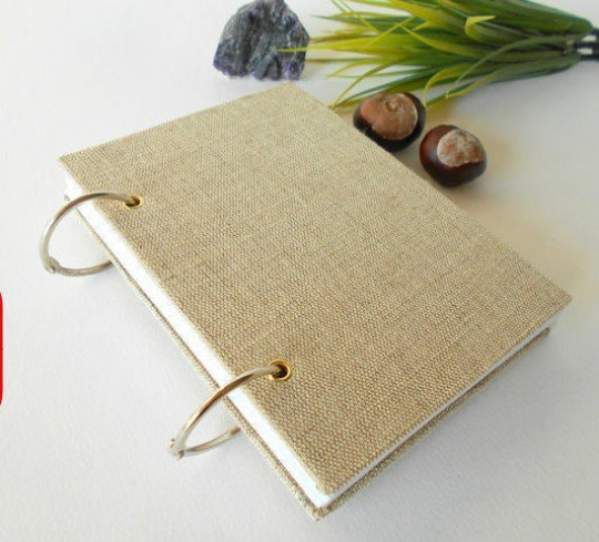 Refillable Travel Journal with 100% recycled pages- rustic burlap book- linen fabric journal with ring binding- Holidays favor- eco-friendly gift