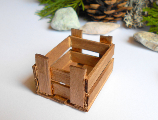 Miniature wooden crate- Brown stained-Dollhouse accesories- 1/12 scale mini wooden vintage crate- dollhouse basket box- miniature garden box