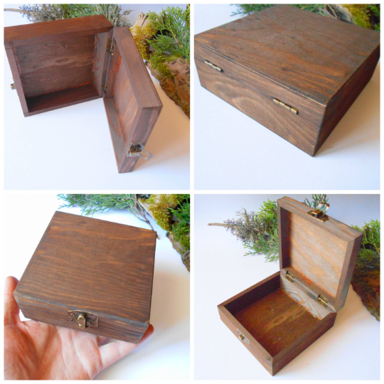 Dark Brown Wooden box- medium large square box- Mahagony-colored wooden box with bronze colored hinges- pine wood box- wooden storage