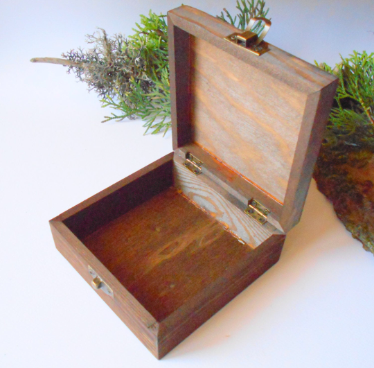 Dark Brown Wooden box- medium large square box- Mahagony-colored wooden box with bronze colored hinges- pine wood box- wooden storage