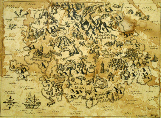 Fantasy Map Art Print, Ancient Map- Pirate map- Fantasy Realm - ink map print from original art- signed by author Hristo Hvoynev