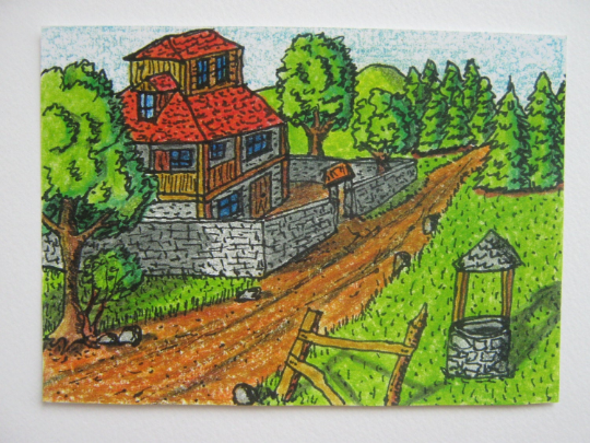 Fantasy illustration art print from original drawing "Wanderer's House Inn"- Aceo art print of a cottage house- signed by author Hristo Hvoynev