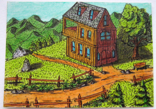 Art print ACEO card from original drawing of a fantasy world wooden cottage house- 'Gather Inn' - Fantasy world serie