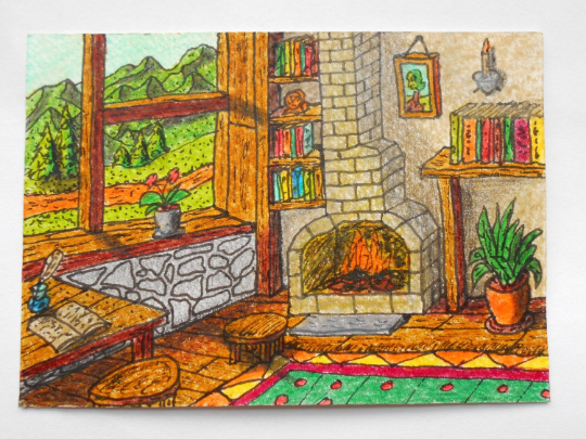 Cottage fireplace Art print- drawing print card of a cottage interior -fireplace and a window view 'Be inside and be outside'