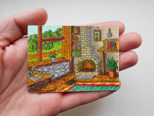 Cottage fireplace Art print- drawing print card of a cottage interior -fireplace and a window view &#39;Be inside and be outside&#39;