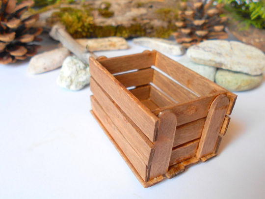 Miniature wooden crate- Brown crate -Dollhouse accesories- 1/12 scale mini wooden vintage crate- dollhouse basket box- miniature garden box