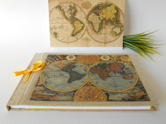 Map journal sketchbook with 100% recycled pages- refillable fabric sketchbook- custom map journal- satin ribbon binding- rustic blank book