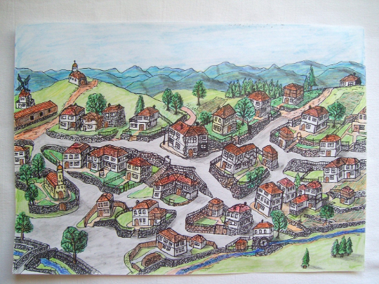 Cottage art print made from original drawing "Rhodopean village" from series "Rhodopean folklore" signed and dated by author Hristo Hvoynev