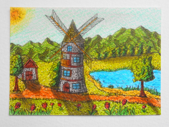 Aceo Landscape Art print - a windmill, inspirational landscape windmill print, landscape art print for your wall or deck- 'The Old Windmill'- signed by author Hristo Hvoynev