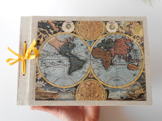 Map journal sketchbook with 100% recycled pages- refillable fabric sketchbook- custom map journal- satin ribbon binding- rustic blank book