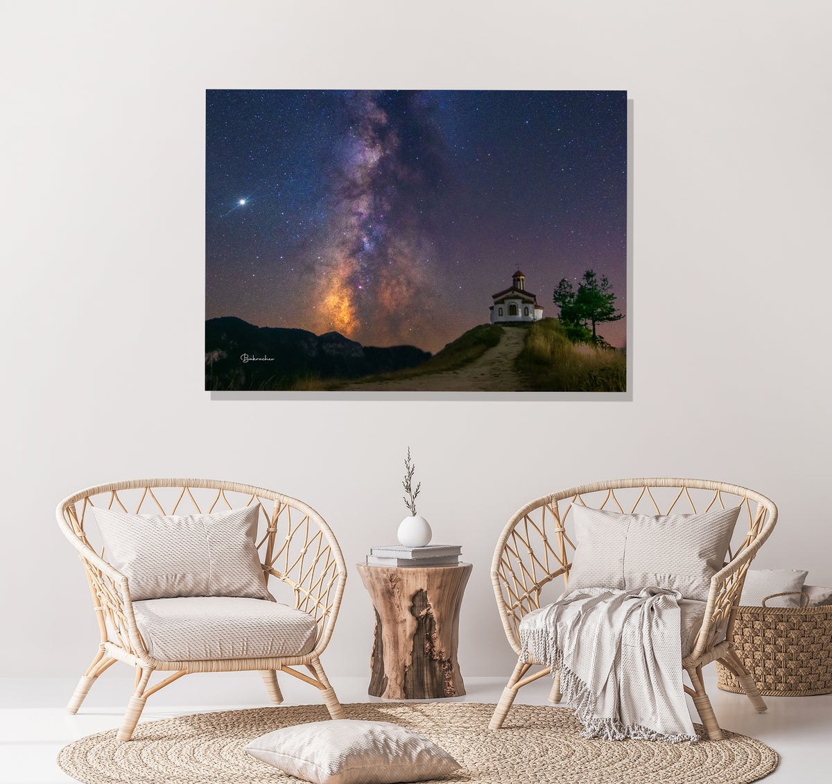 Mountain Canvas print- Nature Photography wall art- Star sky photo decor- Chapel of the Ascension, Borovo Village- Bulgarian landscape