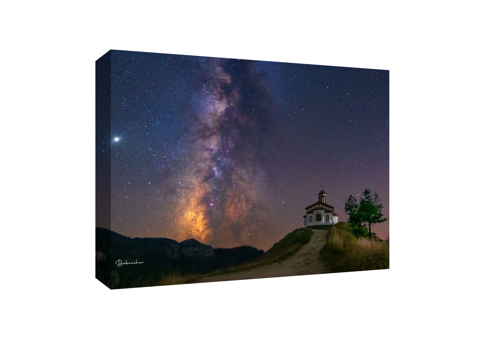 Mountain Canvas print- Nature Photography wall art- Star sky photo decor- Chapel of the Ascension, Borovo Village- Bulgarian landscape
