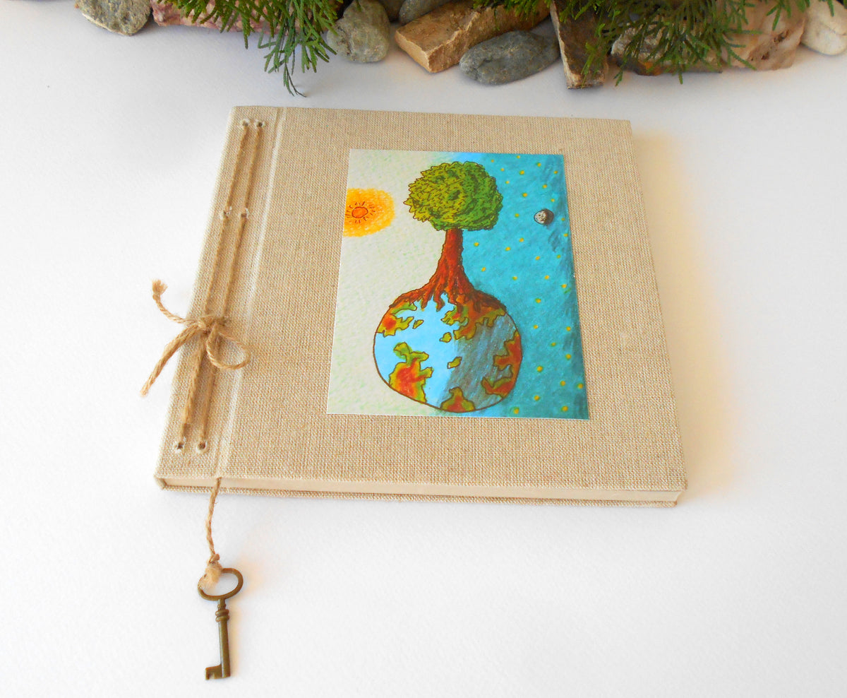 Handmade fabric sketchbook journal with an art print &#39;Day and Night&#39;- Refillable sketchbook with a pocket on the inside cover- inspirational eco-friendly gift