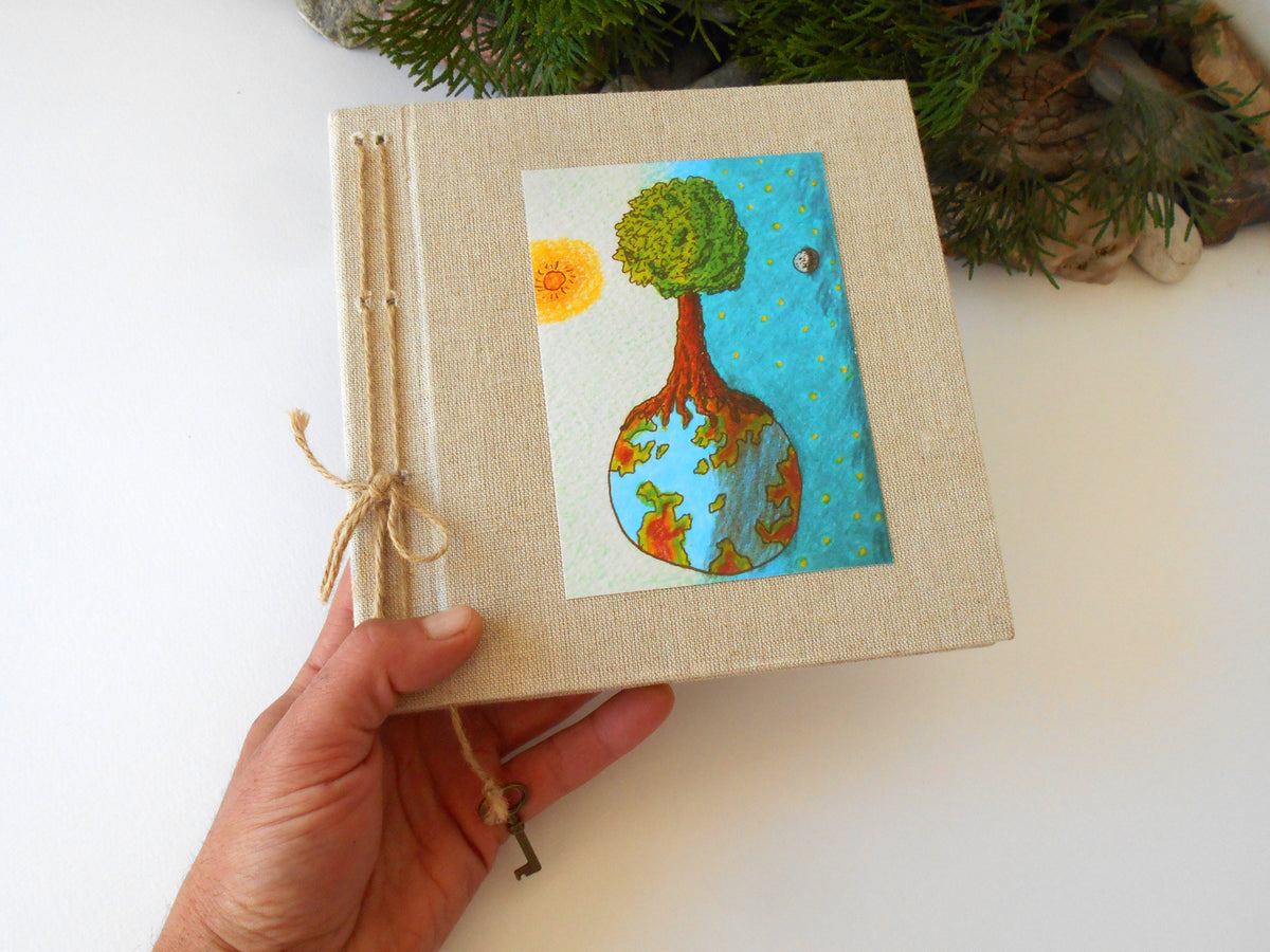 Handmade fabric sketchbook journal with an art print &#39;Day and Night&#39;- Refillable sketchbook with a pocket on the inside cover- inspirational eco-friendly gift