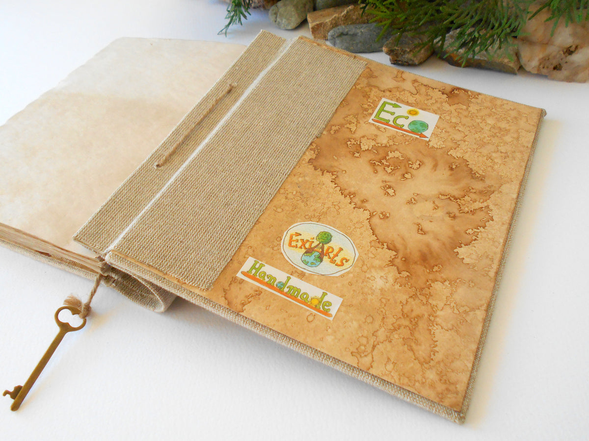 Handmade journal travel book- refillable Rustic journal with hardcovers and eco-friendy linen fabric - coffee-colored pages-rustic sketchbook