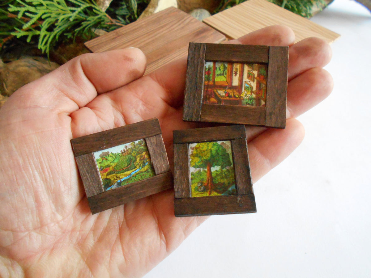 Miniature Framed Art collection of 3 wooden framed paintings- Landscape- Oak tree- Cottage inn- Limited edition of 30 sets