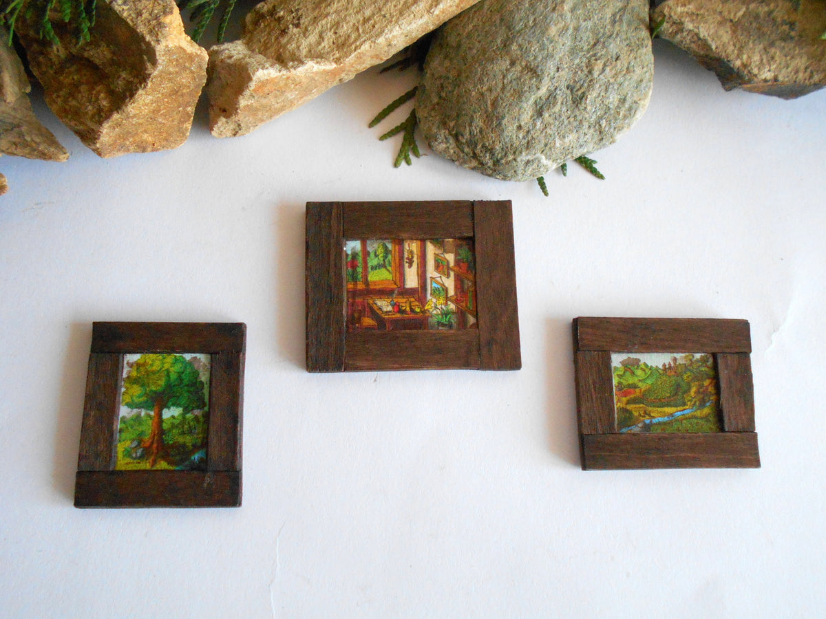 Miniature Framed Art collection of 3 wooden framed paintings- Landscape- Oak tree- Cottage inn- Limited edition of 30 sets