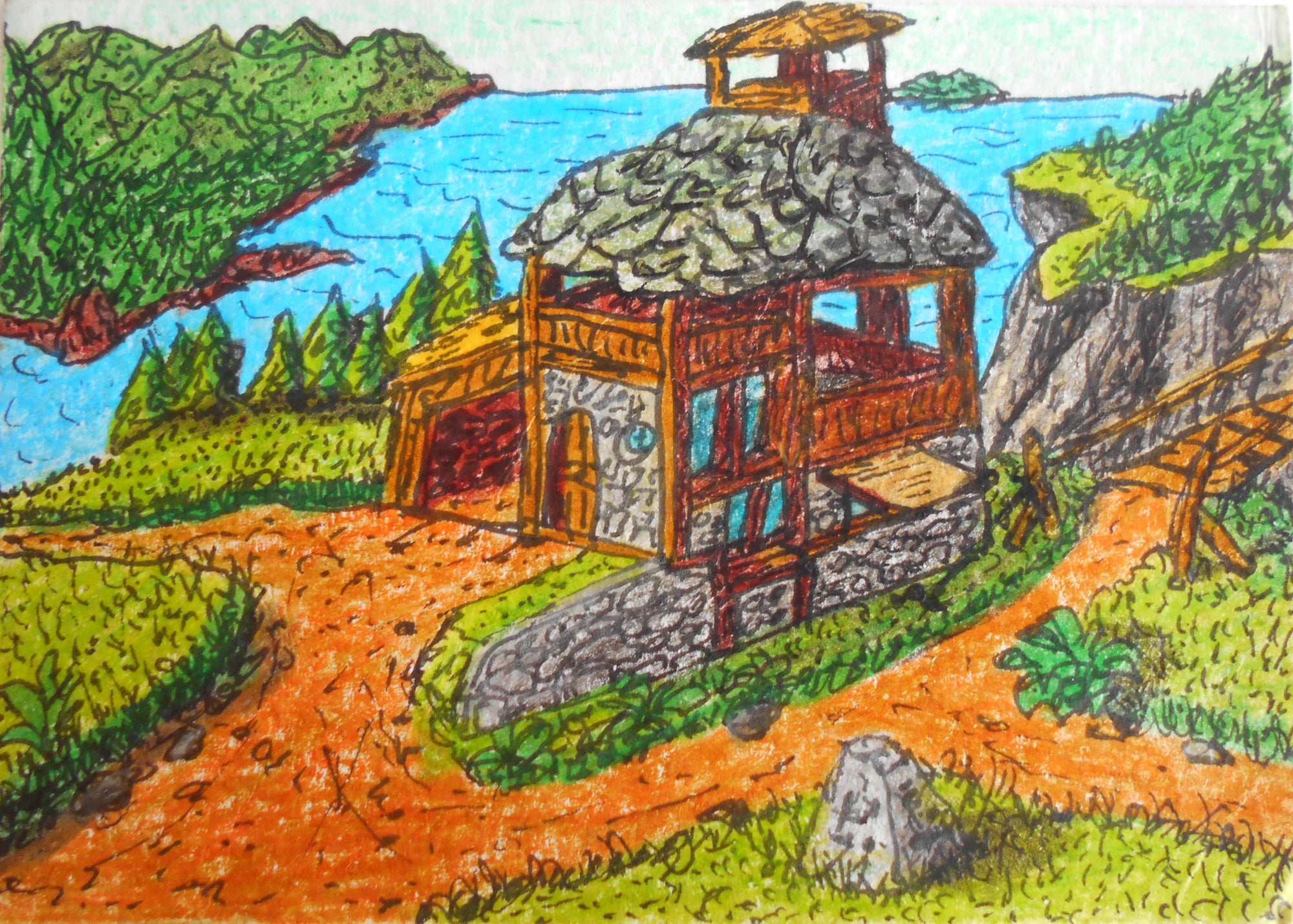 Cottage art print from original drawing- fantasy art collectable landscape card- ink and pencil drawing from The Realm of Exdourn fantasy story- 'Cross-Norths outpost'- signed by artist Hristo Hvoynev