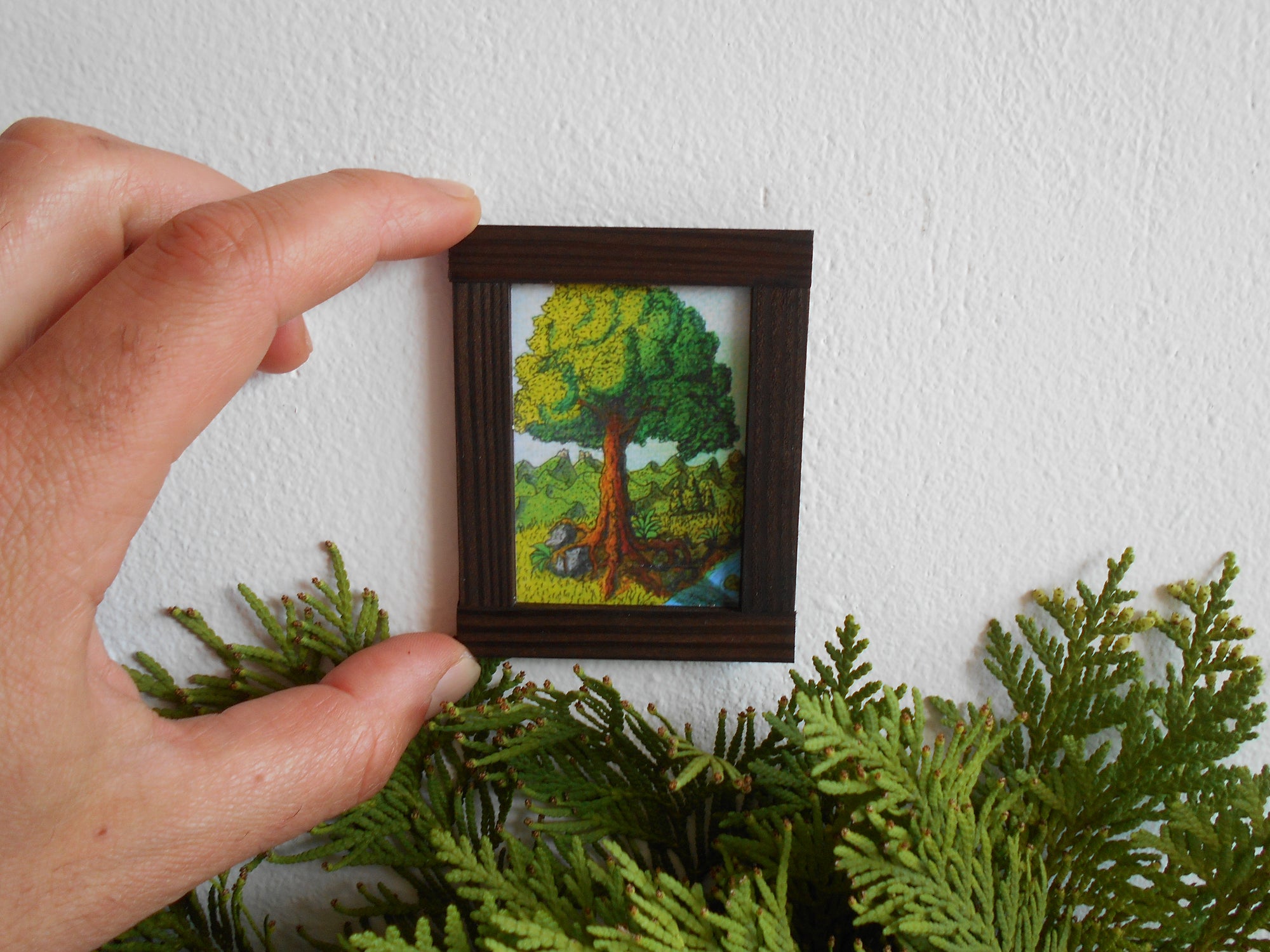 Miniature art framed with real pinewood- mini 'painting' artwork for dollhouse or for miniature collectors- handmade miniature dollhouse accessory