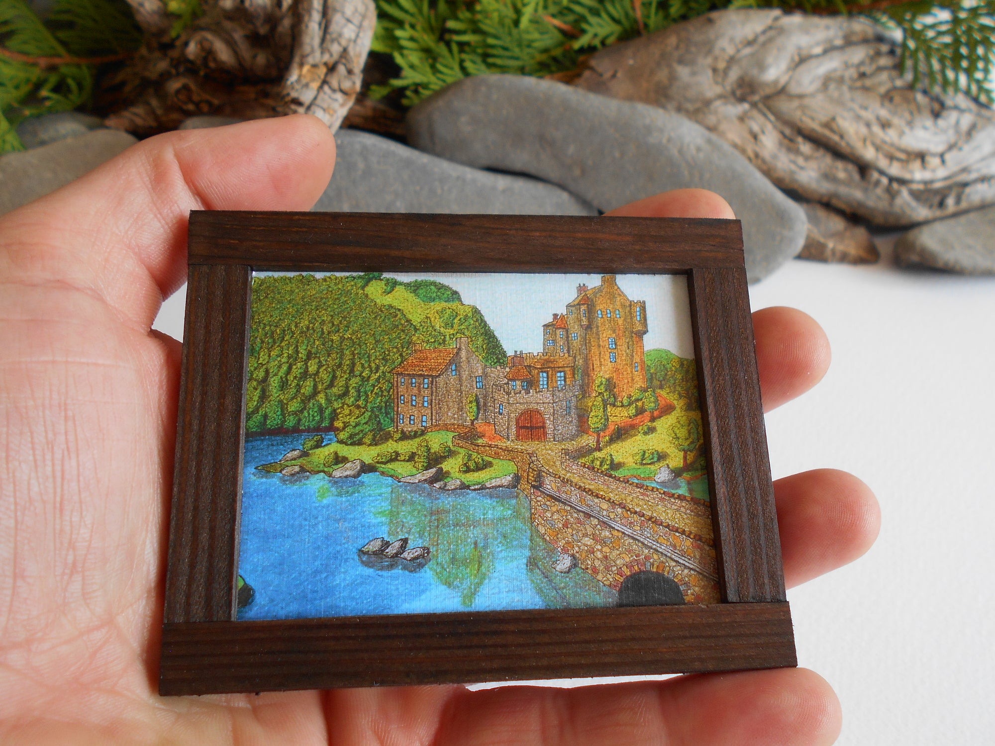 Miniature art framed with real pinewood- mini 'painting' artwork of Eilean Donan Castle for dollhouse or for miniature collectors- handmade miniature dollhouse accessory
