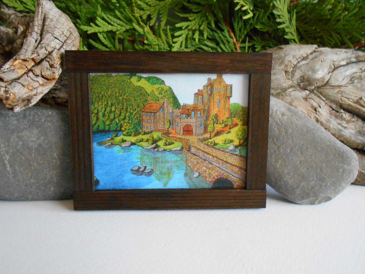 Miniature art framed with real pinewood- mini &#39;painting&#39; artwork of Eilean Donan Castle for dollhouse or for miniature collectors- handmade miniature dollhouse accessory