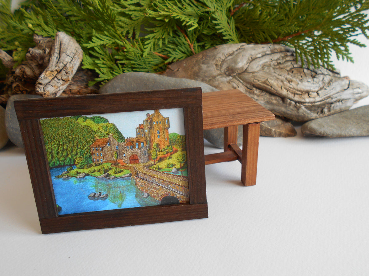 Miniature art framed with real pinewood- mini &#39;painting&#39; artwork of Eilean Donan Castle for dollhouse or for miniature collectors- handmade miniature dollhouse accessory