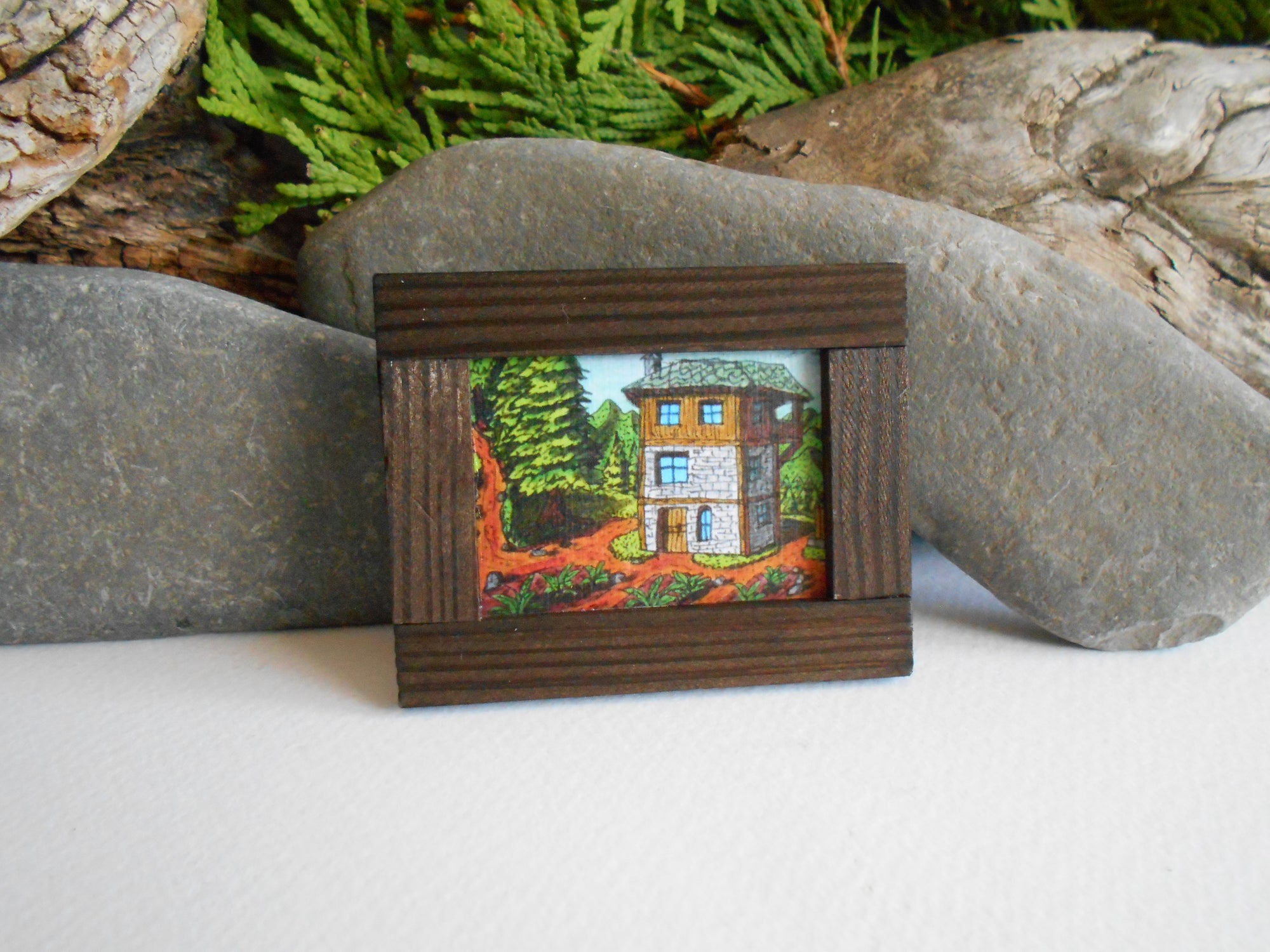 Miniature art framed with real pinewood- mini 'painting' artwork of a mountain cottage hut for dollhouse or for miniature collectors- handmade miniature dollhouse accessory