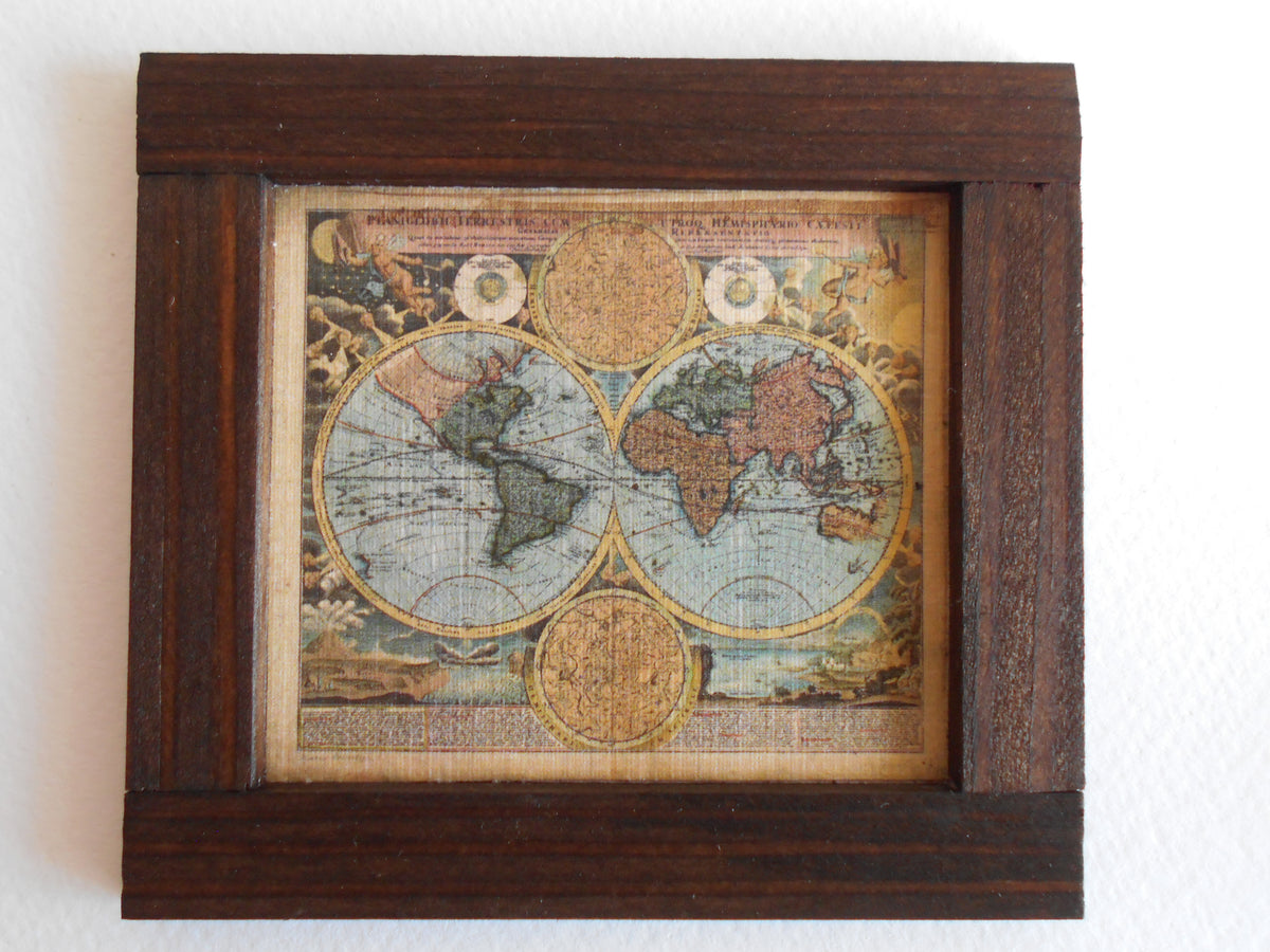 Miniature world map framed with real pinewood- mini map artwork for dollhouse or for miniature collectors- handmade miniature dollhouse furniture wall decor accessory