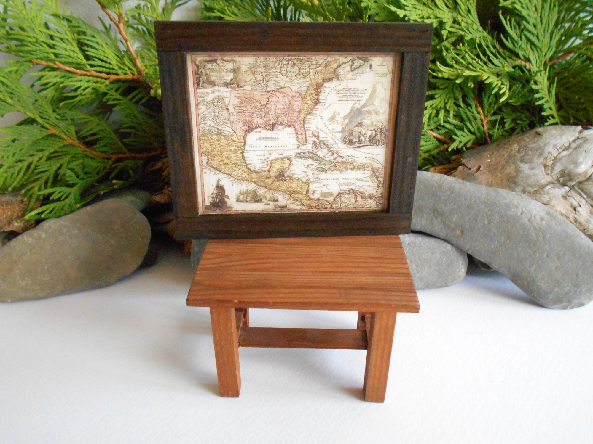 Miniature North America map framed with real pinewood- mini map artwork for dollhouse or for miniature collectors- handmade miniature dollhouse wall decor accessory