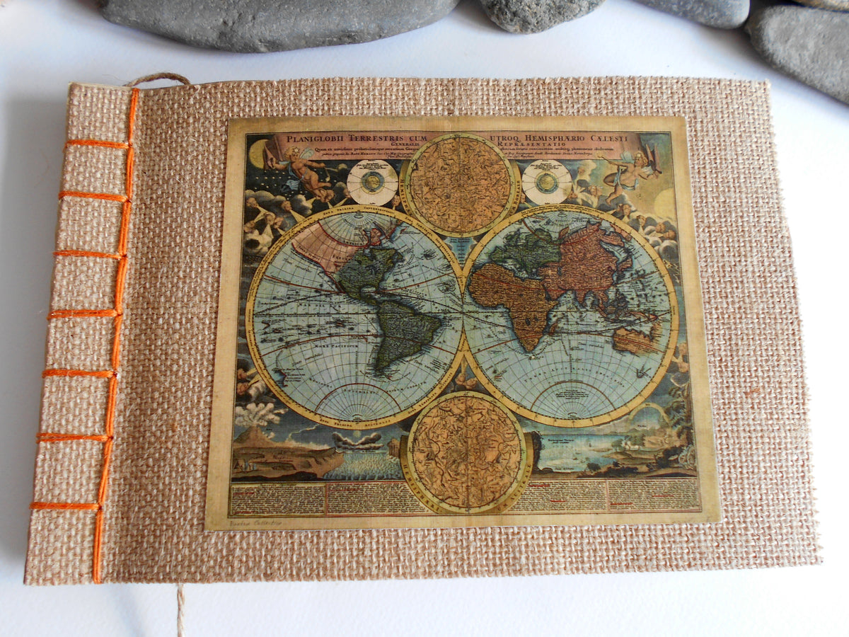 Map sketchbook with Hemp stab binding and 100% recycled pages- eco-friendly fabric journal with old world map- personalised journal with a bookmark