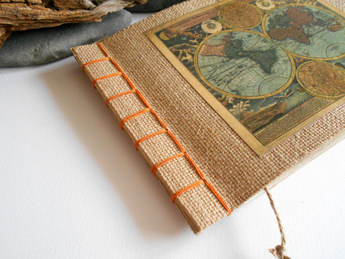 Map sketchbook with Hemp stab binding and 100% recycled pages- eco-friendly fabric journal with old world map- personalised journal with a bookmark