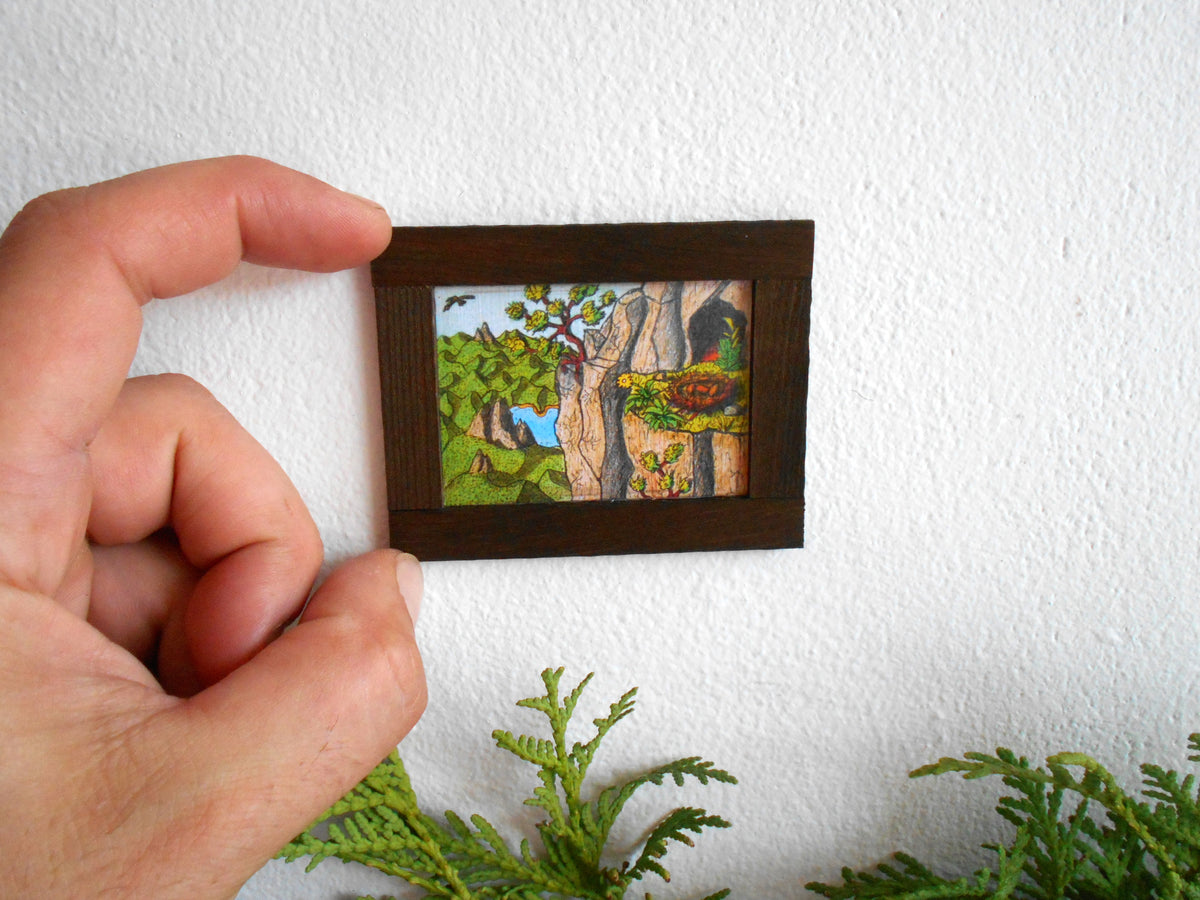 Miniature art framed with real pinewood- mini &#39;painting&#39; artwork of a mountain cottage hut for dollhouse or for miniature collectors- handmade miniature dollhouse accessory