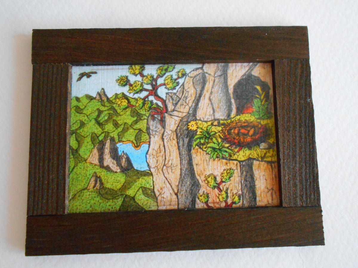 Miniature art framed with real pinewood- mini &#39;painting&#39; artwork of a mountain cottage hut for dollhouse or for miniature collectors- handmade miniature dollhouse accessory