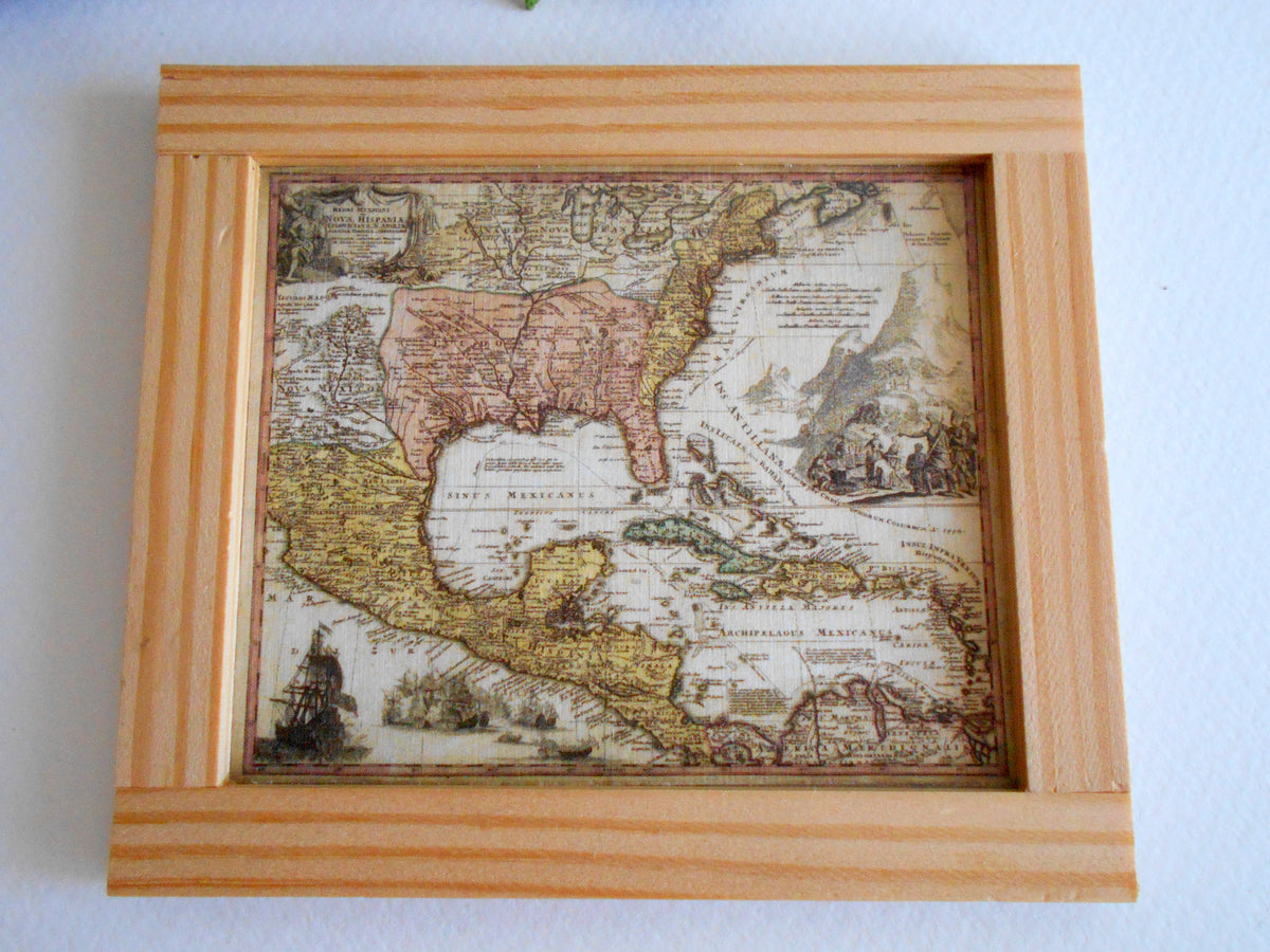 Miniature North America map framed with real pinewood- mini map artwork for dollhouse or for miniature collectors- handmade miniature dollhouse wall decor accessory