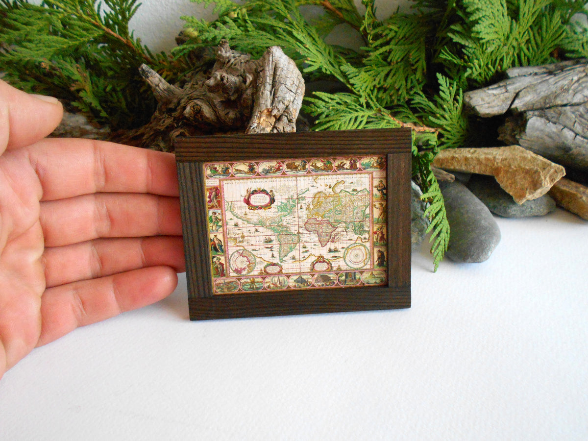 Miniature world map framed with real pinewood- mini map artwork for dollhouse or for miniature collectors- 1/12th scale handmade miniature dollhouse furniture wall decor accessory