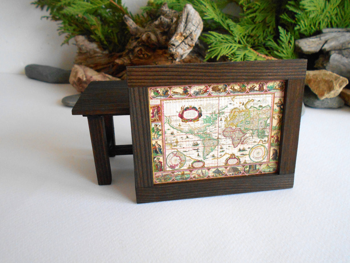 Miniature world map framed with real pinewood- mini map artwork for dollhouse or for miniature collectors- 1/12th scale handmade miniature dollhouse furniture wall decor accessory
