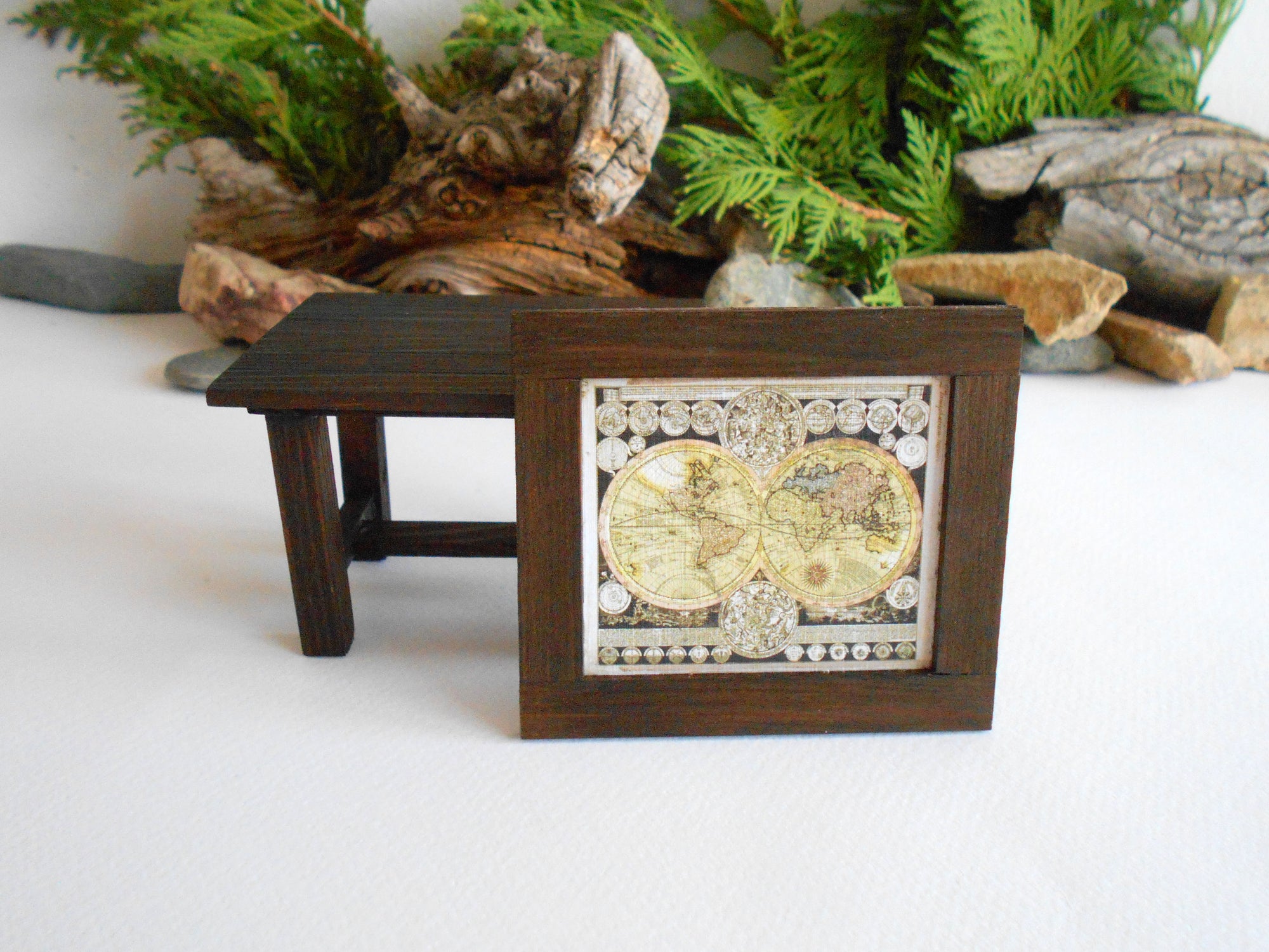 Miniature world map framed with real pinewood- mini map artwork for dollhouse or for miniature collectors- handmade miniature dollhouse furniture wall decor accessory