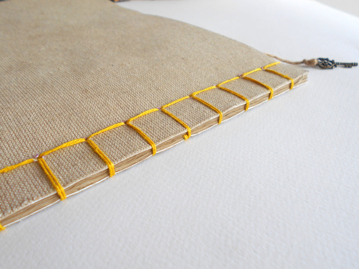 Sketchbook journal with linen fabric and hemp binding- with coffee-colored pages and soft covers- personalised handmade planner- 100% recycled pages