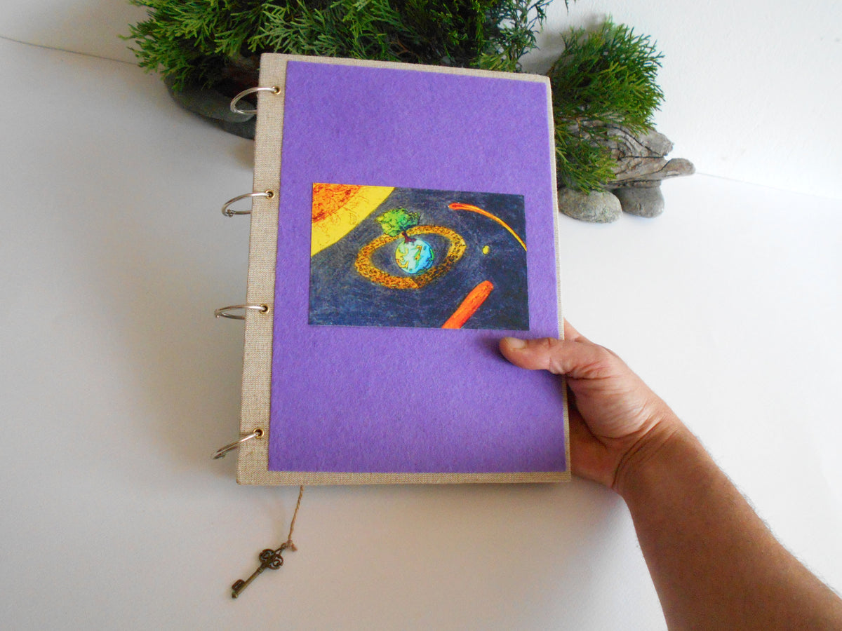Refillable purple handmade travel journal with a pocket inside the cover- 100% recycled pages- custom refillable ring journal- eco-friendly art travel journal