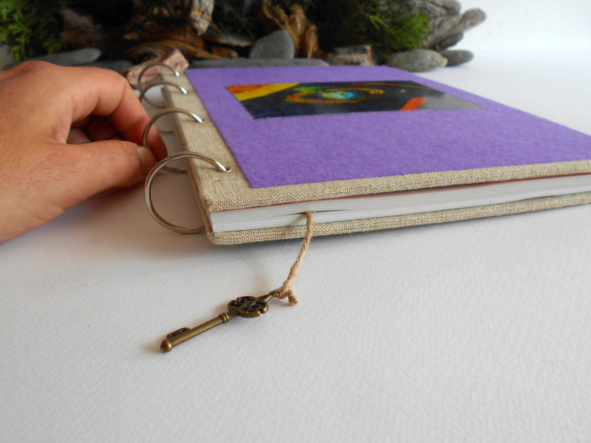 Refillable purple handmade travel journal with a pocket inside the cover- 100% recycled pages- custom refillable ring journal- eco-friendly art travel journal