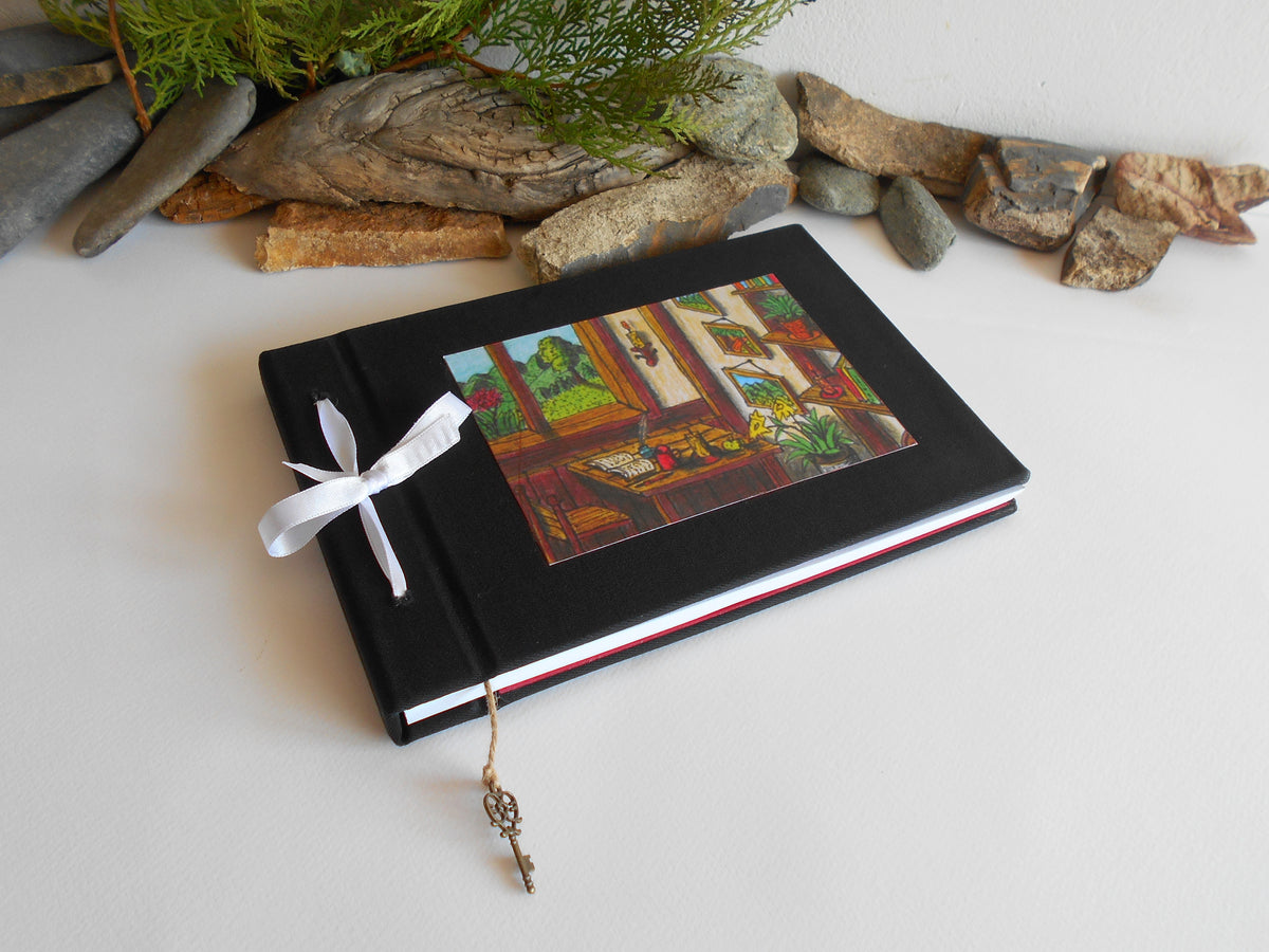 Handmade black fabric sketchbook journal with an art print- hardcovers- personalized ecofriendly blank sketchbook- 100% recycled sheets