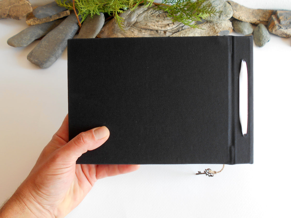 Handmade black fabric sketchbook journal with an art print- hardcovers- personalized ecofriendly blank sketchbook- 100% recycled sheets