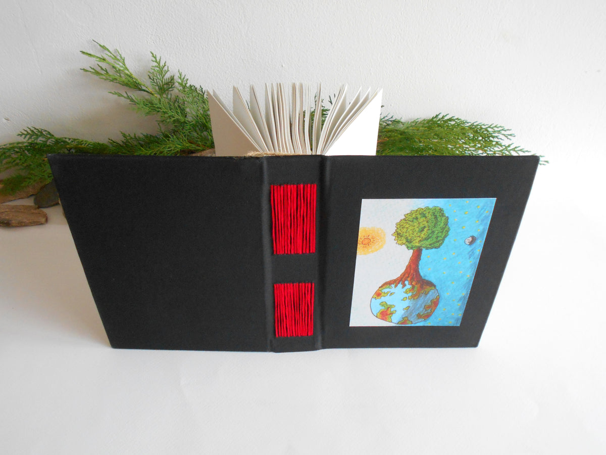 Handmade black fabric journal with 100% recycled pages and a fine art print &#39;Day and Night&#39;- customised sketchbook journal- inspirational blank book with eco-friendly linen fabric