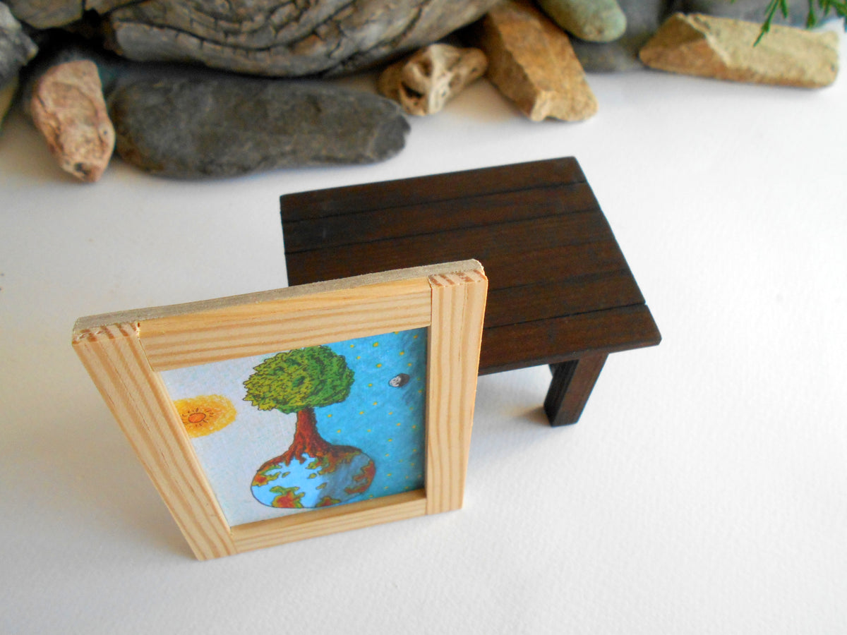 Mini painting artwork for dollhouse or for miniature collectors- Miniature art framed with real pinewood- handmade miniature dollhouse accessory