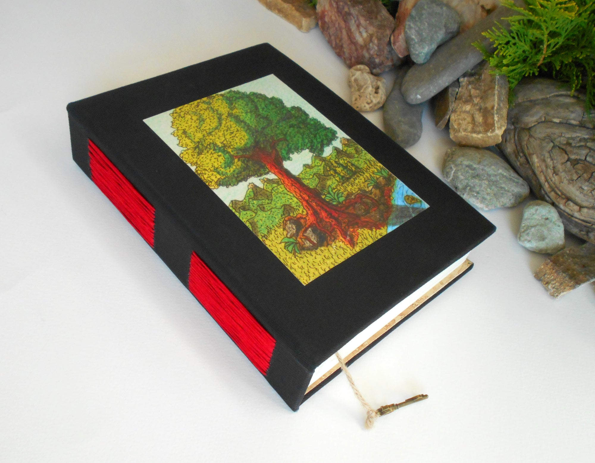 Handmade black fabric journal with 100% recycled pages and a fine art print 'Magical tree'- customised sketchbook journal- inspirational blank book with eco-friendly linen fabric