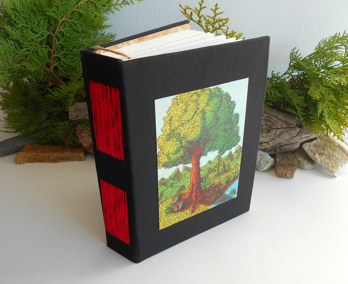 Handmade black fabric journal with 100% recycled pages and a fine art print &#39;Magical tree&#39;- customised sketchbook journal- inspirational blank book with eco-friendly linen fabric